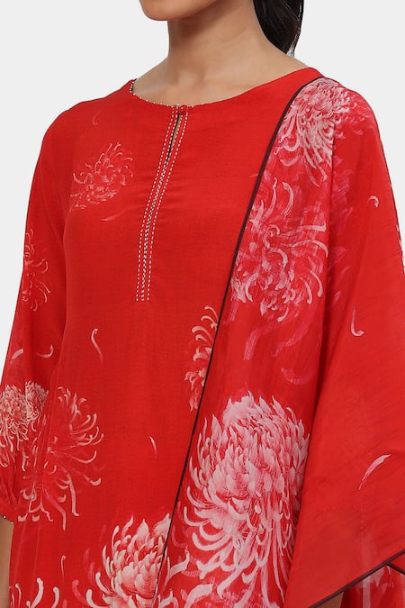 Shop Satya Paul Red Crepe Embroidery Keyhole Neck Blissful Blossom Print Kurta And Palazzo Set Online at Aza Fashions Shop_Satya Paul_Red Crepe Embroidery Keyhole Neck Blissful Blossom Print Kurta And Palazzo Set _Online_at_Aza_Fashions