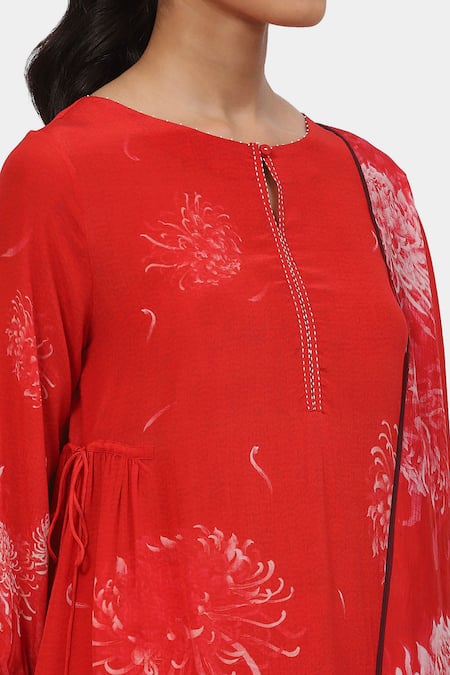 Satya Paul Red Crepe Embroidery Keyhole Neck Blissful Blossom Print Kurta And Palazzo Set at Aza Fashions Satya Paul_Red Crepe Embroidery Keyhole Neck Blissful Blossom Print Kurta And Palazzo Set _at_Aza_Fashions