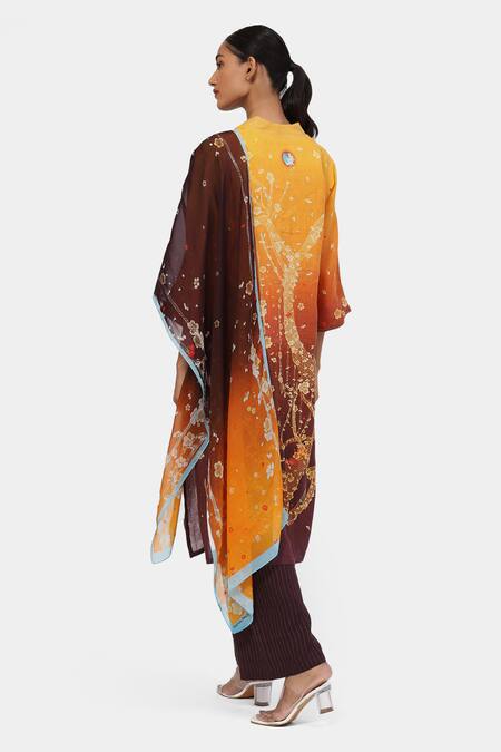 Shop Satya Paul Yellow Linen Embroidery V-neck Petal Polyphony Printed Kurta And Palazzo Set at Aza Fashions Shop_Satya Paul_Yellow Linen Embroidery V-neck Petal Polyphony Printed Kurta And Palazzo Set _at_Aza_Fashions