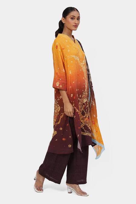 Buy Satya Paul Yellow Linen Embroidery V-neck Petal Polyphony Printed Kurta And Palazzo Set Online at Aza Fashions Buy_Satya Paul_Yellow Linen Embroidery V-neck Petal Polyphony Printed Kurta And Palazzo Set _Online_at_Aza_Fashions
