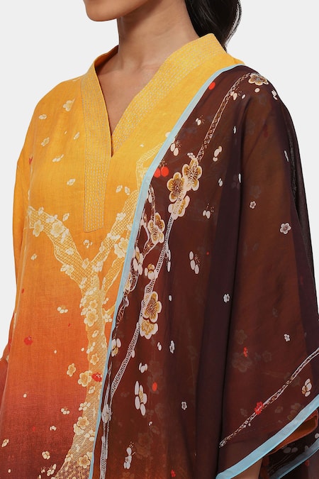 Shop Satya Paul Yellow Linen Embroidery V-neck Petal Polyphony Printed Kurta And Palazzo Set Online at Aza Fashions Shop_Satya Paul_Yellow Linen Embroidery V-neck Petal Polyphony Printed Kurta And Palazzo Set _Online_at_Aza_Fashions