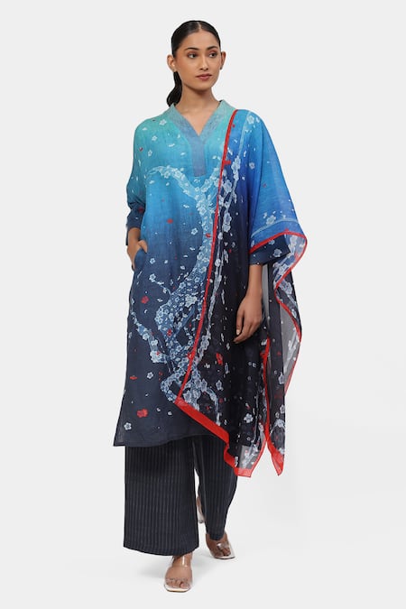 Satya Paul Blue Linen Printed And Embroidered Cherry Petal Polyphony Kurta & Palazzo Set 