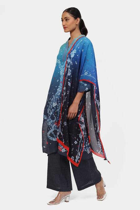 Satya Paul Blue Linen Embroidery V-neck Petal Polyphony Kurta And Palazzo Set Online at Aza Fashions Satya Paul_Blue Linen Embroidery V-neck Petal Polyphony Kurta And Palazzo Set _Online_at_Aza_Fashions