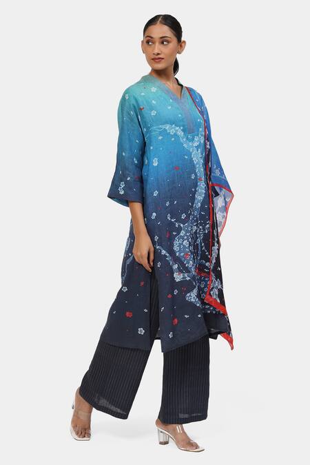 Buy Satya Paul Blue Linen Embroidery V-neck Petal Polyphony Kurta And Palazzo Set Online at Aza Fashions Buy_Satya Paul_Blue Linen Embroidery V-neck Petal Polyphony Kurta And Palazzo Set _Online_at_Aza_Fashions