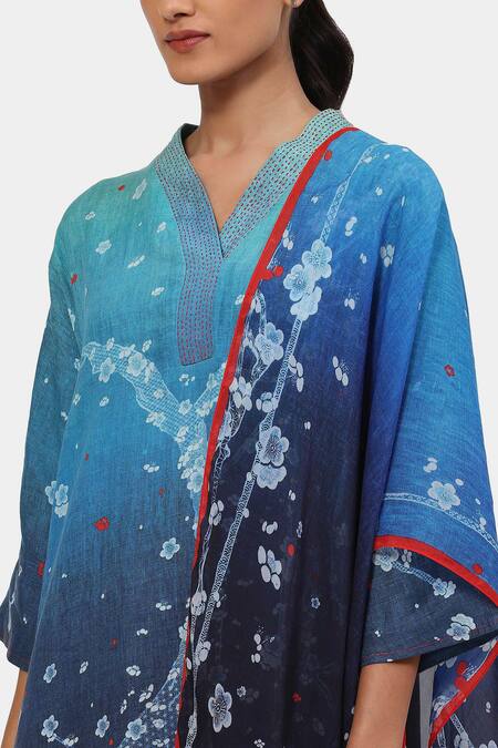 Shop Satya Paul Blue Linen Embroidery V-neck Petal Polyphony Kurta And Palazzo Set Online at Aza Fashions Shop_Satya Paul_Blue Linen Embroidery V-neck Petal Polyphony Kurta And Palazzo Set _Online_at_Aza_Fashions