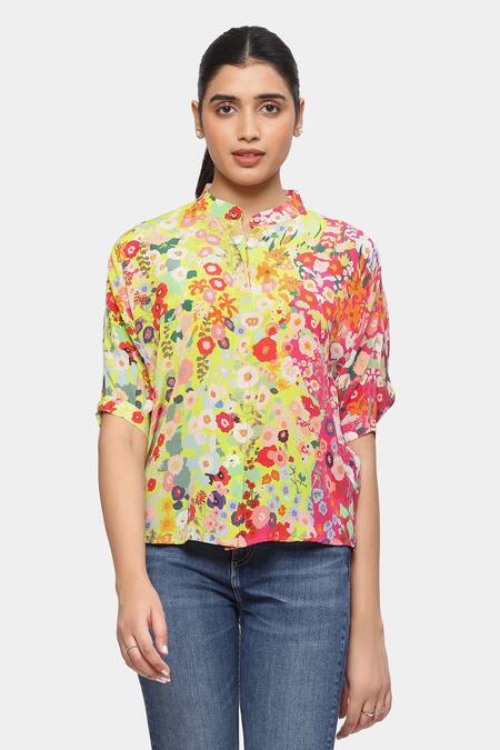 Satya Paul_Pink Crepe Beads Mandarin Collar Flowers For President Printed Top_Online_at_Aza_Fashions