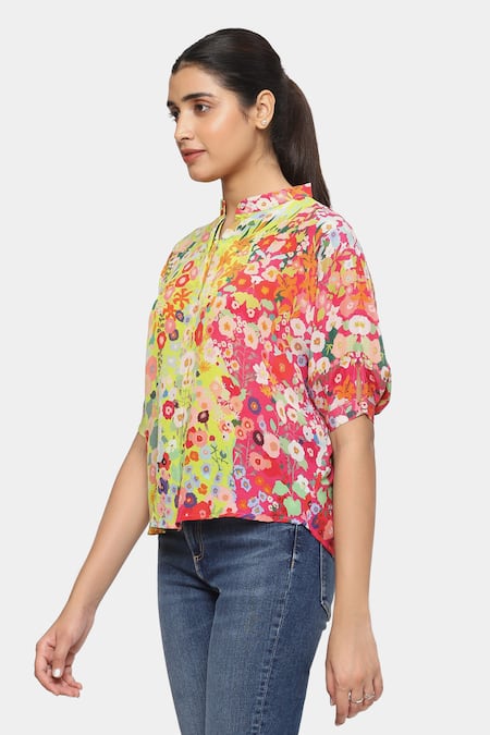 Buy_Satya Paul_Pink Crepe Beads Mandarin Collar Flowers For President Printed Top_Online_at_Aza_Fashions