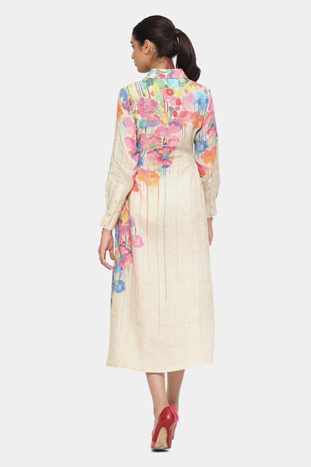 Shop_Satya Paul_Cream Linen Collared Shine On Flowers Print Dress _at_Aza_Fashions