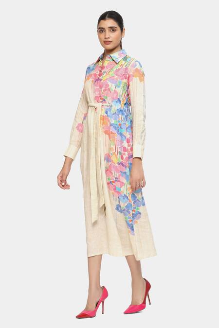 Satya Paul_Cream Linen Collared Shine On Flowers Print Dress _Online_at_Aza_Fashions