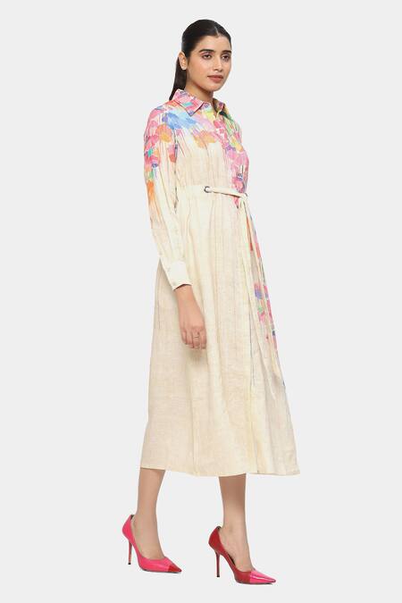 Buy_Satya Paul_Cream Linen Collared Shine On Flowers Print Dress _Online_at_Aza_Fashions
