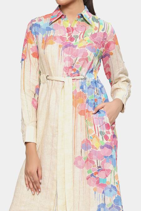 Shop_Satya Paul_Cream Linen Collared Shine On Flowers Print Dress _Online_at_Aza_Fashions