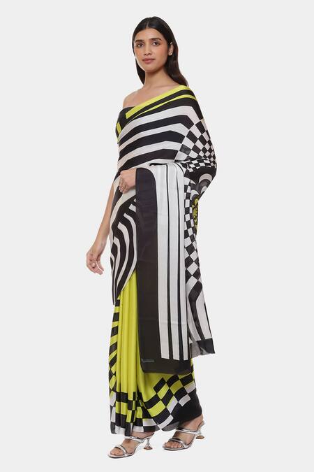Satya Paul_Black Satin, Georgette Formula One Printed Saree With Running Blouse Piece_Online_at_Aza_Fashions