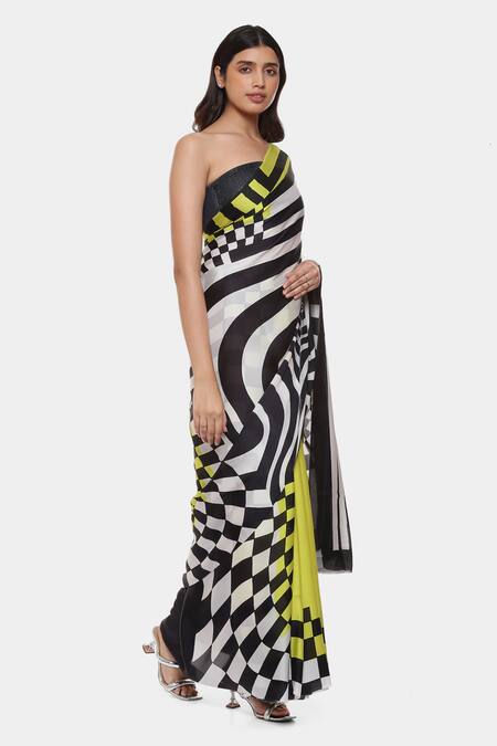 Buy_Satya Paul_Black Satin, Georgette Formula One Printed Saree With Running Blouse Piece_Online_at_Aza_Fashions