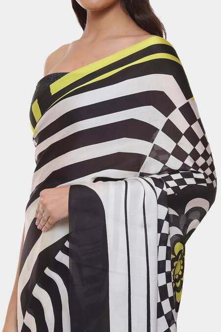 Shop_Satya Paul_Black Satin, Georgette Formula One Printed Saree With Running Blouse Piece_Online_at_Aza_Fashions