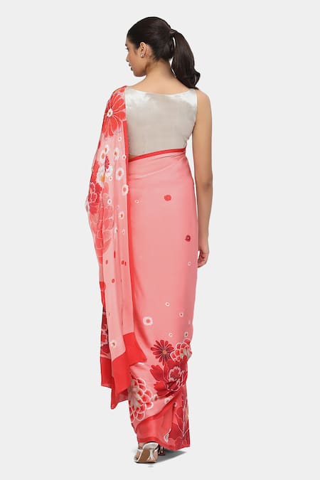 Shop_Satya Paul_Pink Satin, Georgette Stones Kyoto Kawaii Printed Saree With Running Blouse _at_Aza_Fashions