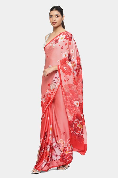 Satya Paul_Pink Satin, Georgette Stones Kyoto Kawaii Printed Saree With Running Blouse _Online_at_Aza_Fashions