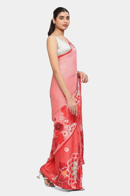 Buy_Satya Paul_Pink Satin, Georgette Stones Kyoto Kawaii Printed Saree With Running Blouse _Online_at_Aza_Fashions