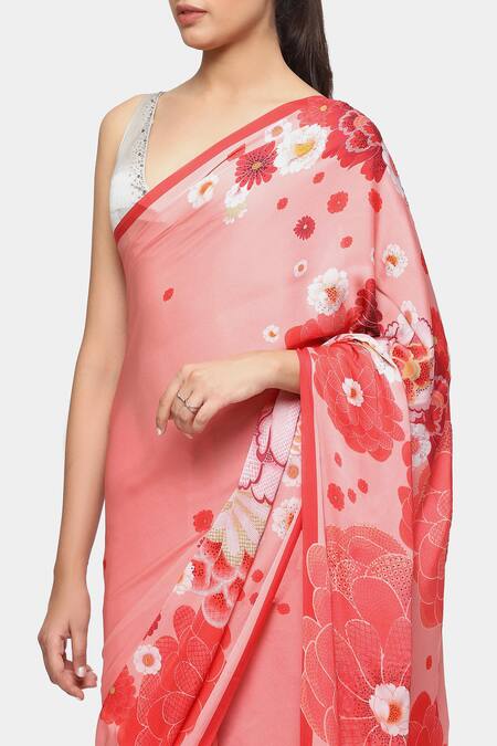 Shop_Satya Paul_Pink Satin, Georgette Stones Kyoto Kawaii Printed Saree With Running Blouse _Online_at_Aza_Fashions