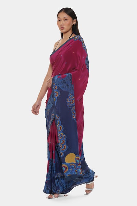 Satya Paul_Pink Crepe Kanagawa Printed Saree With Running Blouse _Online_at_Aza_Fashions