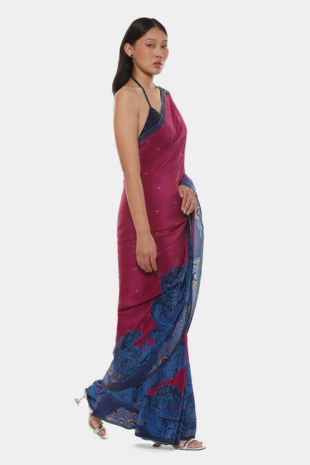 Buy_Satya Paul_Pink Crepe Kanagawa Printed Saree With Running Blouse _Online_at_Aza_Fashions