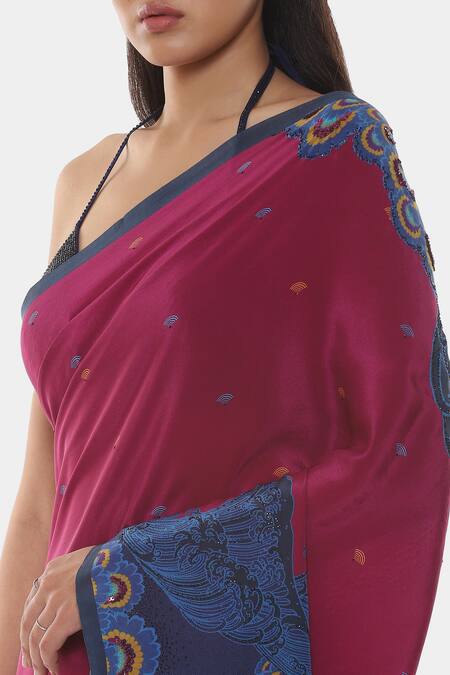 Shop_Satya Paul_Pink Crepe Kanagawa Printed Saree With Running Blouse _Online_at_Aza_Fashions