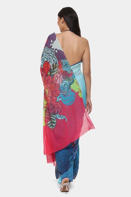 Shop Satya Paul Blue Georgette Haiku Printed Saree With Running Blouse at Aza Fashions Shop_Satya Paul_Blue Georgette Haiku Printed Saree With Running Blouse _at_Aza_Fashions