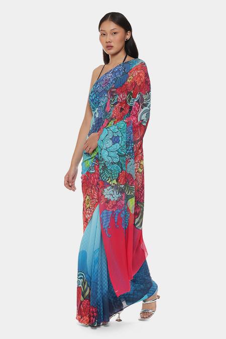 Satya Paul Blue Georgette Haiku Printed Saree With Running Blouse Online at Aza Fashions Satya Paul_Blue Georgette Haiku Printed Saree With Running Blouse _Online_at_Aza_Fashions