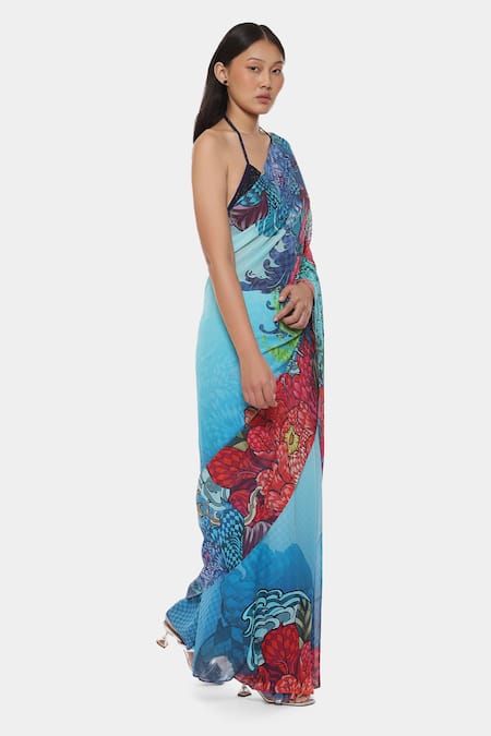 Buy Satya Paul Blue Georgette Haiku Printed Saree With Running Blouse Online at Aza Fashions Buy_Satya Paul_Blue Georgette Haiku Printed Saree With Running Blouse _Online_at_Aza_Fashions