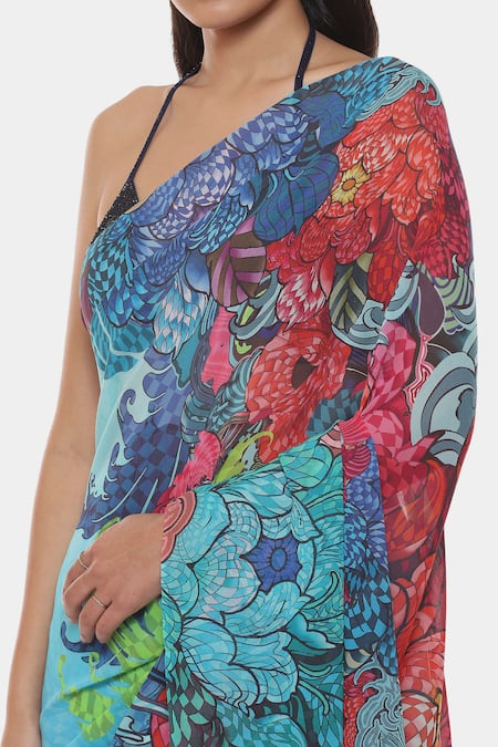 Shop Satya Paul Blue Georgette Haiku Printed Saree With Running Blouse Online at Aza Fashions Shop_Satya Paul_Blue Georgette Haiku Printed Saree With Running Blouse _Online_at_Aza_Fashions