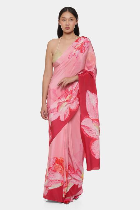 Buy Grey Satin Georgette Printed Broken Striped Saree With Running Blouse  For Women by Satya Paul Online at Aza Fashions.