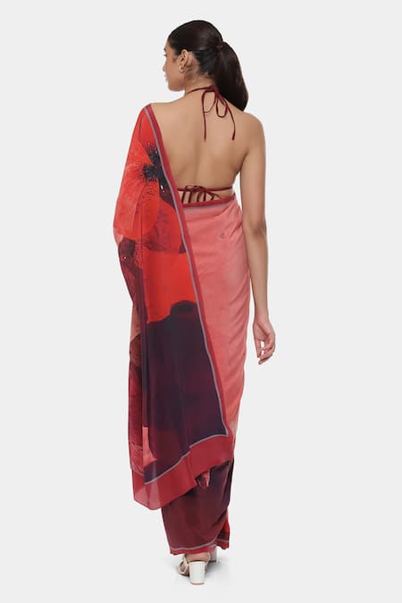 Shop Satya Paul Red Crepe Stones Pounds Of Pansies Printed Saree With Running Blouse Piece at Aza Fashions Shop_Satya Paul_Red Crepe Stones Pounds Of Pansies Printed Saree With Running Blouse Piece _at_Aza_Fashions