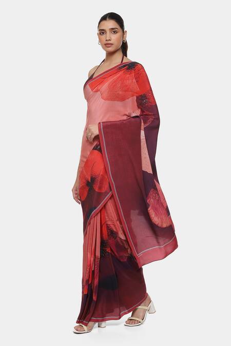 Satya Paul Red Crepe Stones Pounds Of Pansies Printed Saree With Running Blouse Piece Online at Aza Fashions Satya Paul_Red Crepe Stones Pounds Of Pansies Printed Saree With Running Blouse Piece _Online_at_Aza_Fashions