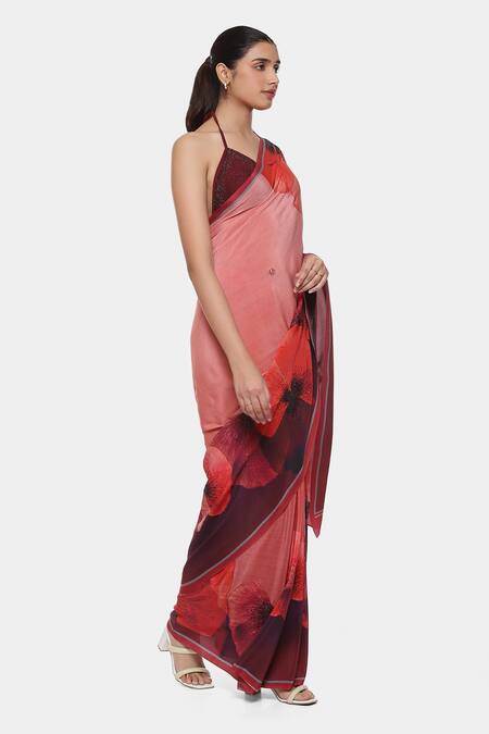 Buy Satya Paul Red Crepe Stones Pounds Of Pansies Printed Saree With Running Blouse Piece Online at Aza Fashions Buy_Satya Paul_Red Crepe Stones Pounds Of Pansies Printed Saree With Running Blouse Piece _Online_at_Aza_Fashions