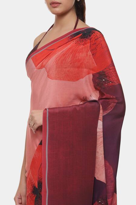 Shop Satya Paul Red Crepe Stones Pounds Of Pansies Printed Saree With Running Blouse Piece Online at Aza Fashions Shop_Satya Paul_Red Crepe Stones Pounds Of Pansies Printed Saree With Running Blouse Piece _Online_at_Aza_Fashions