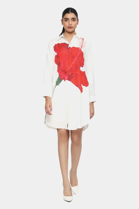 Satya Paul White Linen Printed Hibiscus Collar Singular Tunic 