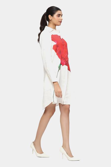 Buy Satya Paul White Linen Embroidery Collared Singular Hibiscus Print Tunic Online at Aza Fashions Buy_Satya Paul_White Linen Embroidery Collared Singular Hibiscus Print Tunic _Online_at_Aza_Fashions