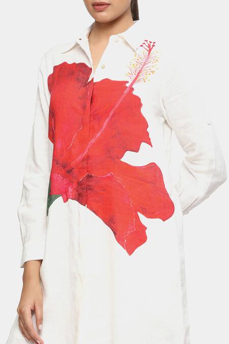 Shop Satya Paul White Linen Embroidery Collared Singular Hibiscus Print Tunic Online at Aza Fashions Shop_Satya Paul_White Linen Embroidery Collared Singular Hibiscus Print Tunic _Online_at_Aza_Fashions