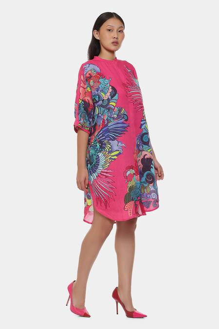 Buy_Satya Paul_Pink Linen Printed Psychedelic Floral Band Collar Happy Friday Tunic _Online_at_Aza_Fashions