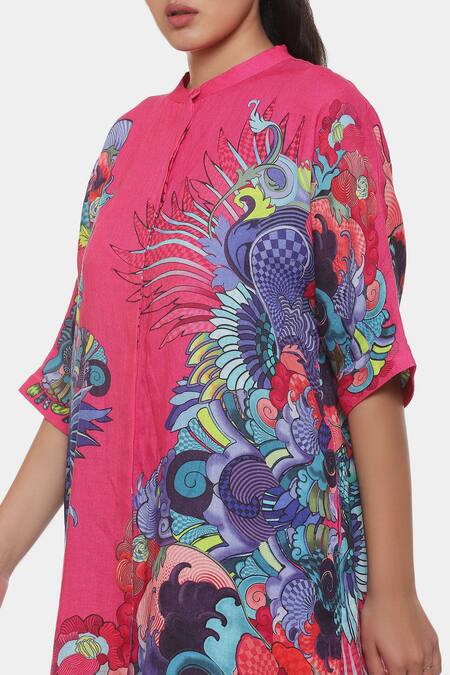 Shop_Satya Paul_Pink Linen Printed Psychedelic Floral Band Collar Happy Friday Tunic _Online_at_Aza_Fashions