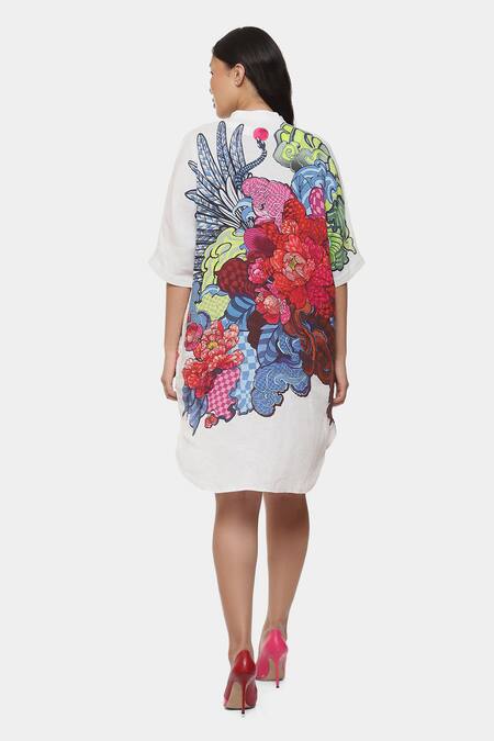 Shop_Satya Paul_Brown Linen Printed Psychedelic Floral Band Collar Mileage Tunic _at_Aza_Fashions