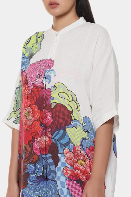 Shop_Satya Paul_Brown Linen Printed Psychedelic Floral Band Collar Mileage Tunic _Online_at_Aza_Fashions