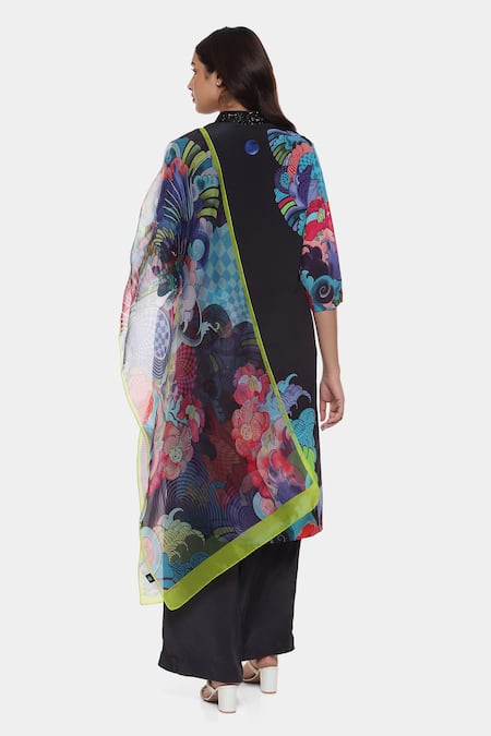 Shop_Satya Paul_Black Crepe Printed Psychedelic Tattoo V Collar Kurta Palazzo Set _at_Aza_Fashions