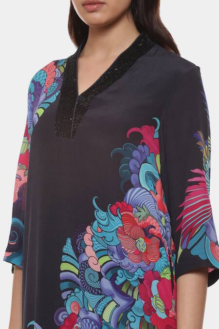 Shop_Satya Paul_Black Crepe Printed Psychedelic Tattoo V Collar Kurta Palazzo Set _Online_at_Aza_Fashions