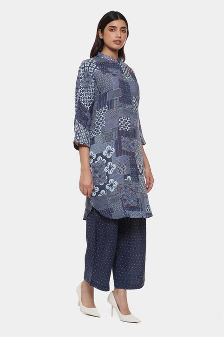 Buy_Satya Paul_Blue Linen Printed Boro And Thread Work Band Collar Kurta & Pant Set _Online_at_Aza_Fashions