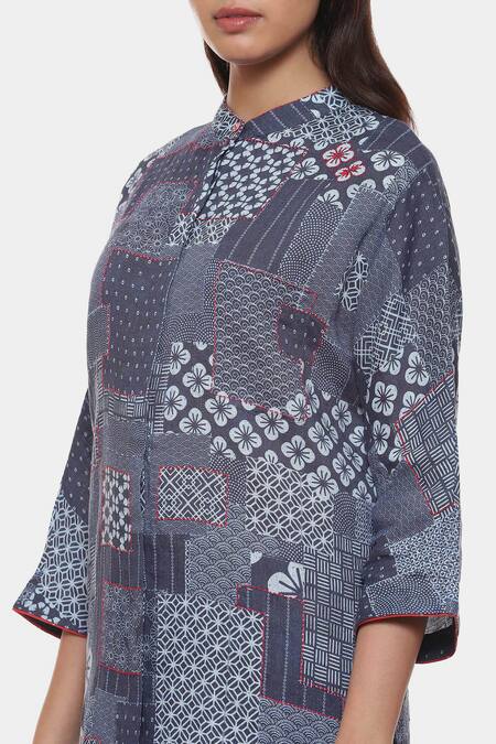 Shop_Satya Paul_Blue Linen Printed Boro And Thread Work Band Collar Kurta & Pant Set _Online_at_Aza_Fashions