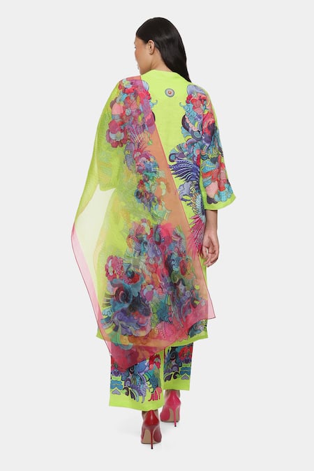 Shop_Satya Paul_Green Linen, Chiffon V-neck Love Printed Kurta Palazzo Set _at_Aza_Fashions