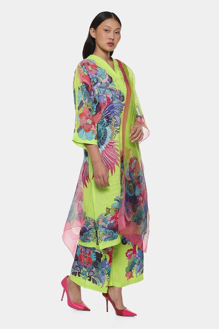 Buy_Satya Paul_Green Linen, Chiffon V-neck Love Printed Kurta Palazzo Set _Online_at_Aza_Fashions