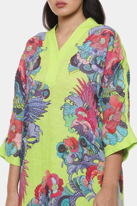 Shop_Satya Paul_Green Linen, Chiffon V-neck Love Printed Kurta Palazzo Set _Online_at_Aza_Fashions