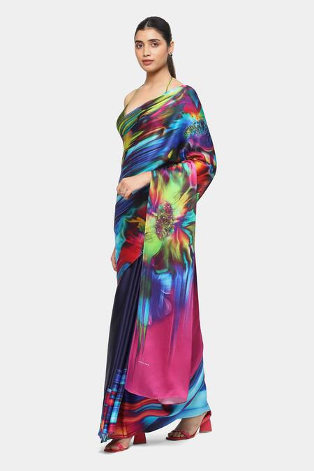 Satya Paul_Blue Satin, Georgette Astral Storm Print Saree With Running Blouse_Online_at_Aza_Fashions
