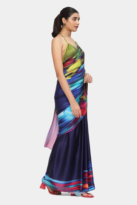 Buy_Satya Paul_Blue Satin, Georgette Astral Storm Print Saree With Running Blouse_Online_at_Aza_Fashions